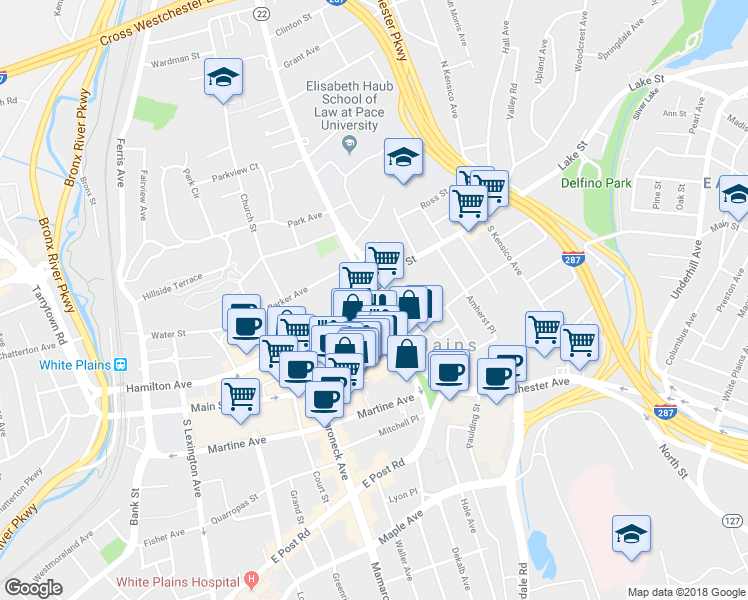 map of restaurants, bars, coffee shops, grocery stores, and more near 27 North Broadway in White Plains