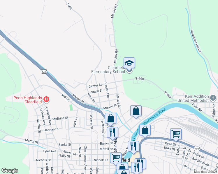 map of restaurants, bars, coffee shops, grocery stores, and more near 311 Poplar Avenue in Clearfield