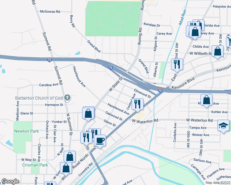 map of restaurants, bars, coffee shops, grocery stores, and more near 148 Norwood St in Barberton