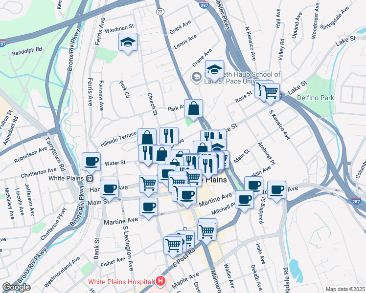 map of restaurants, bars, coffee shops, grocery stores, and more near 40 Barker Avenue in White Plains