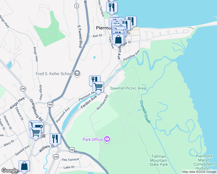 map of restaurants, bars, coffee shops, grocery stores, and more near 313 Ferdon Avenue in Piermont