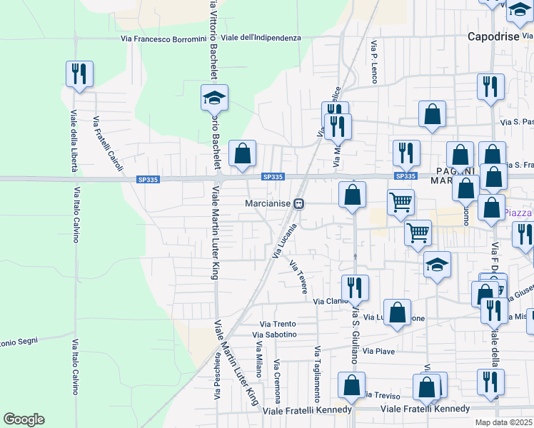 map of restaurants, bars, coffee shops, grocery stores, and more near 17 Via Enrico Toti in Marcianise