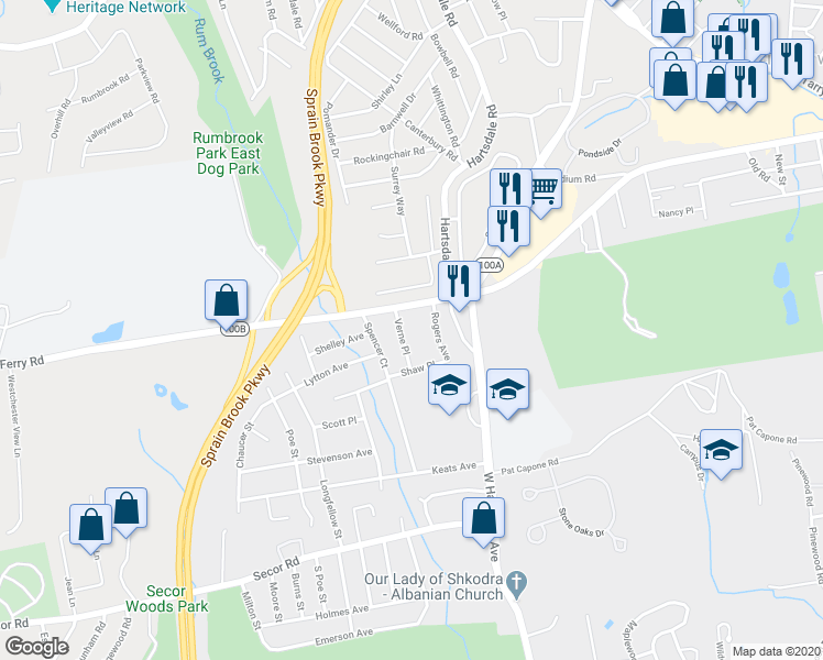 map of restaurants, bars, coffee shops, grocery stores, and more near 7 Verne Place in Hartsdale