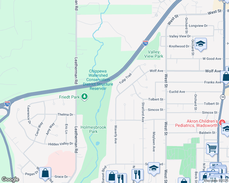 map of restaurants, bars, coffee shops, grocery stores, and more near 536 Tulip Trail in Wadsworth