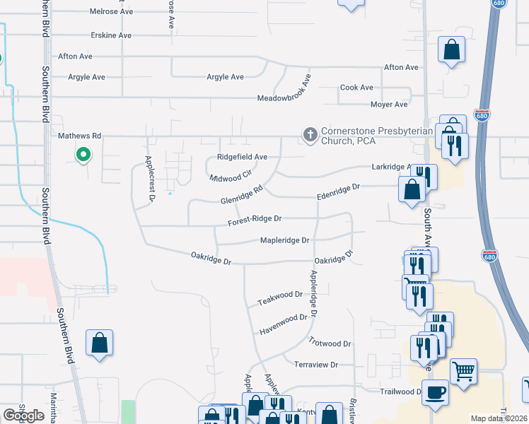 map of restaurants, bars, coffee shops, grocery stores, and more near 726 Forest-Ridge Drive in Youngstown