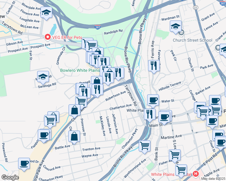 map of restaurants, bars, coffee shops, grocery stores, and more near 225 Central Avenue in White Plains