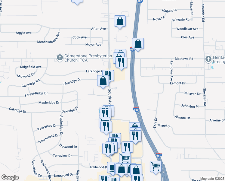 map of restaurants, bars, coffee shops, grocery stores, and more near 6201 Youngstown Pittsburgh Road in Poland