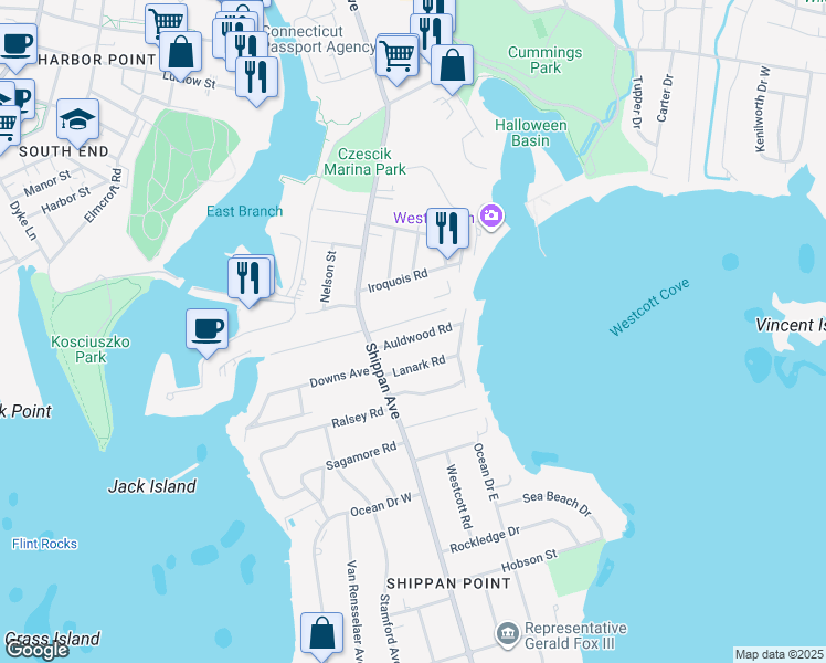 map of restaurants, bars, coffee shops, grocery stores, and more near 36 Auldwood Road in Stamford