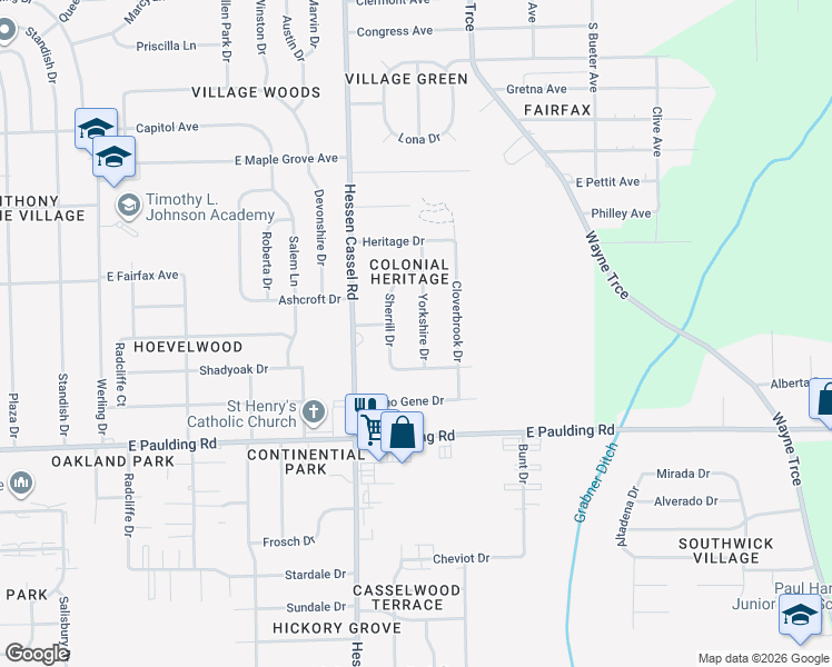map of restaurants, bars, coffee shops, grocery stores, and more near 5310 Yorkshire Drive in Fort Wayne