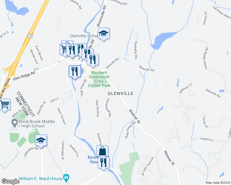 map of restaurants, bars, coffee shops, grocery stores, and more near 238 Weaver Street in Greenwich