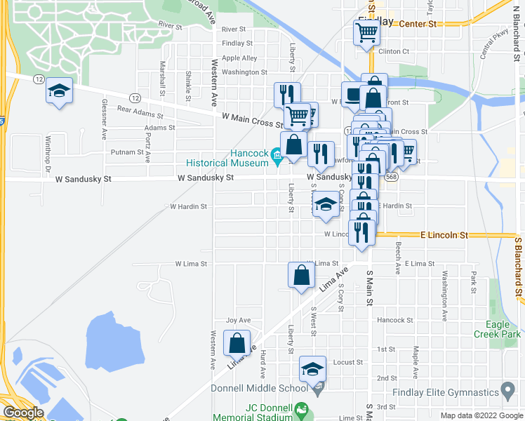 map of restaurants, bars, coffee shops, grocery stores, and more near 501 West Hardin Street in Findlay