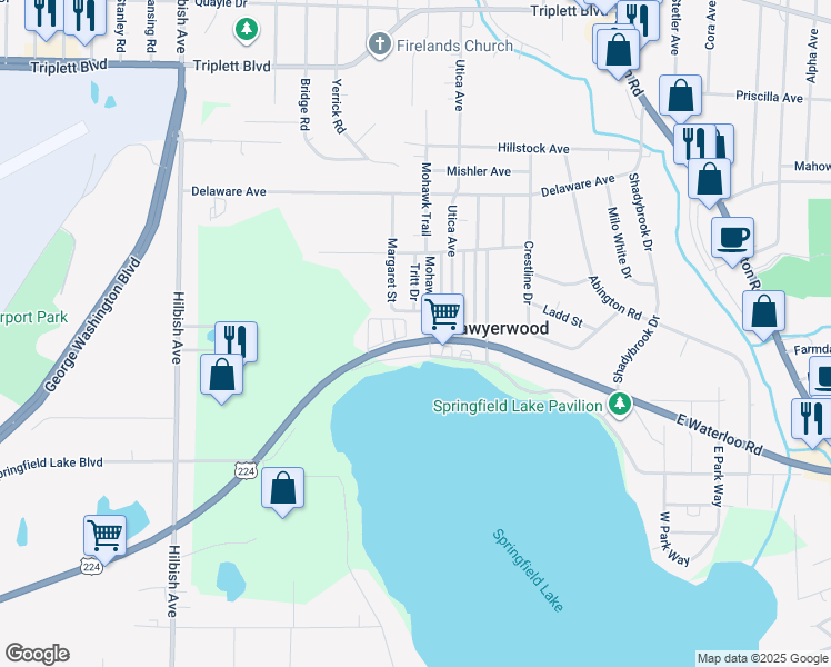 map of restaurants, bars, coffee shops, grocery stores, and more near 2341 East Waterloo Road in Akron