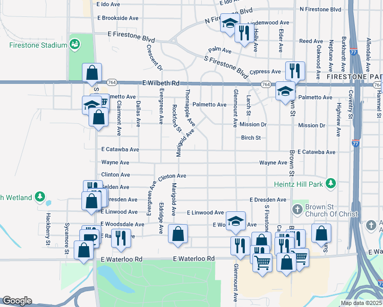 map of restaurants, bars, coffee shops, grocery stores, and more near 218 East Catawba Avenue in Akron