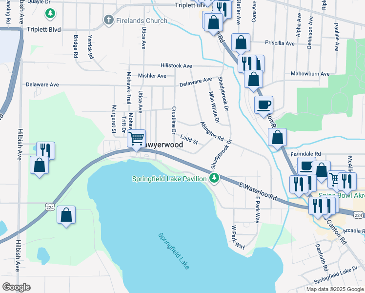 map of restaurants, bars, coffee shops, grocery stores, and more near 1069 Crestline Drive in Akron