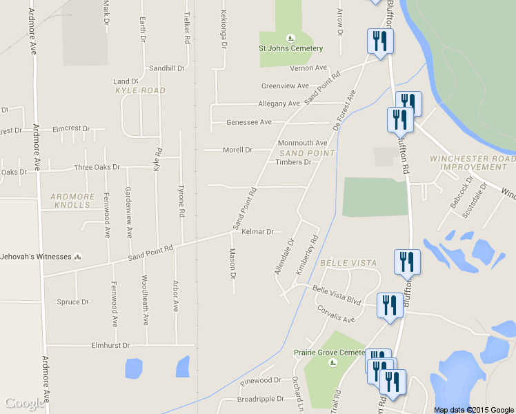 map of restaurants, bars, coffee shops, grocery stores, and more near 2927 Sand Point Road in Fort Wayne