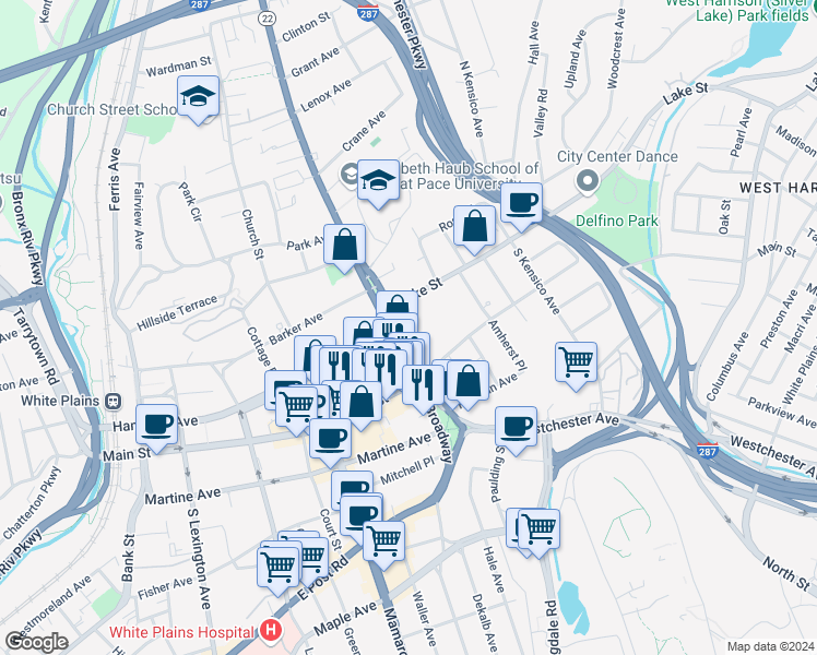 map of restaurants, bars, coffee shops, grocery stores, and more near 7 North Broadway in White Plains