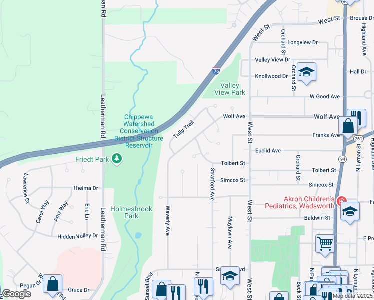 map of restaurants, bars, coffee shops, grocery stores, and more near 479 Wolf Avenue in Wadsworth