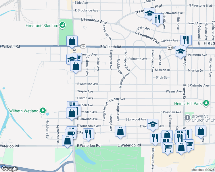 map of restaurants, bars, coffee shops, grocery stores, and more near 1732 Evergreen Avenue in Akron