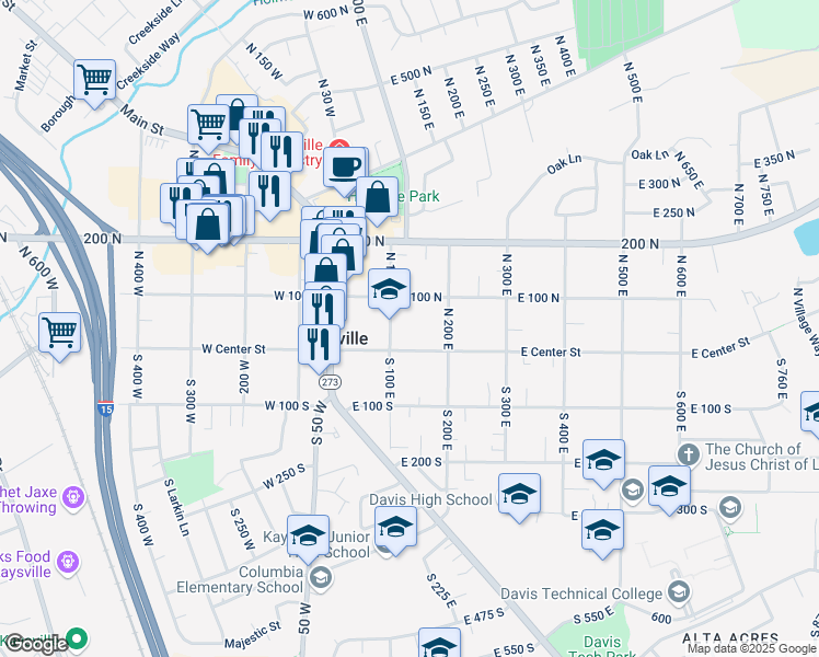 map of restaurants, bars, coffee shops, grocery stores, and more near 50 North 100 East in Kaysville