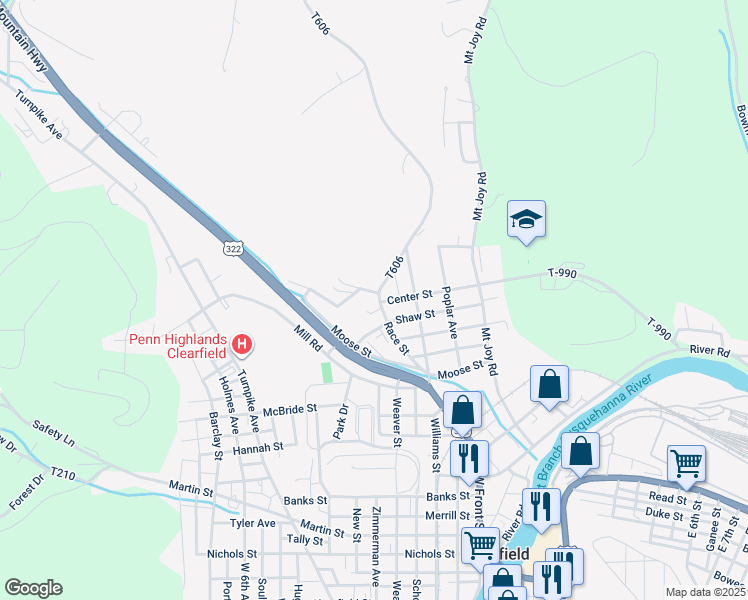 map of restaurants, bars, coffee shops, grocery stores, and more near 406 Race Street in Clearfield