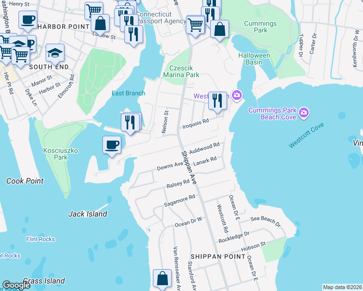 map of restaurants, bars, coffee shops, grocery stores, and more near Shippan Avenue in Stamford