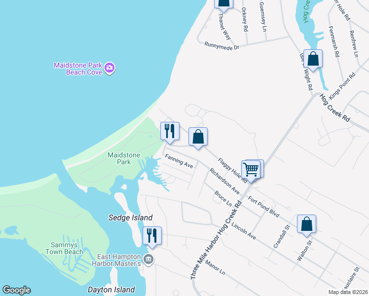map of restaurants, bars, coffee shops, grocery stores, and more near 16 Maidstone Park Road in East Hampton