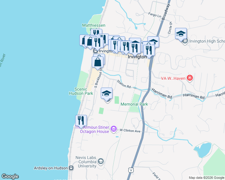 map of restaurants, bars, coffee shops, grocery stores, and more near 29 Oak Street in Irvington