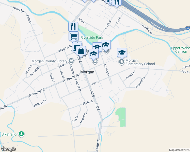 map of restaurants, bars, coffee shops, grocery stores, and more near 70 South 100 East Street in Morgan