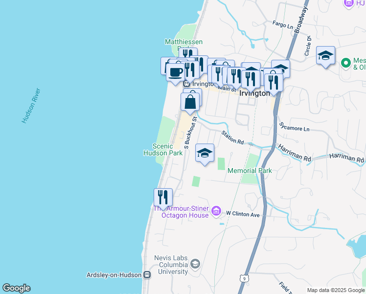 map of restaurants, bars, coffee shops, grocery stores, and more near 116 South Buckhout Street in Irvington