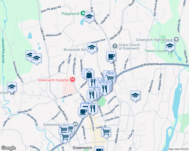 map of restaurants, bars, coffee shops, grocery stores, and more near 73 Sherwood Place in Greenwich