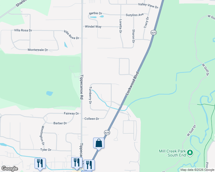 map of restaurants, bars, coffee shops, grocery stores, and more near 1433 Turnberry Drive in Youngstown