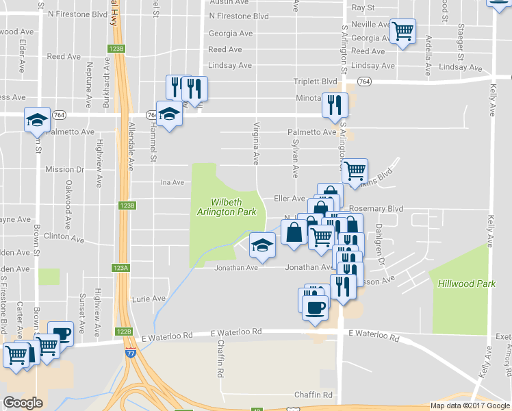 map of restaurants, bars, coffee shops, grocery stores, and more near 1350 Virginia Avenue in Akron