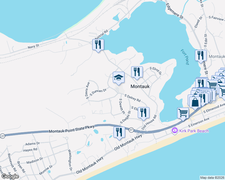 map of restaurants, bars, coffee shops, grocery stores, and more near 3 South Dorset Drive in Montauk