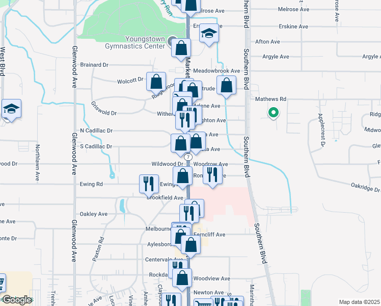 map of restaurants, bars, coffee shops, grocery stores, and more near 6209 Market Street in Boardman