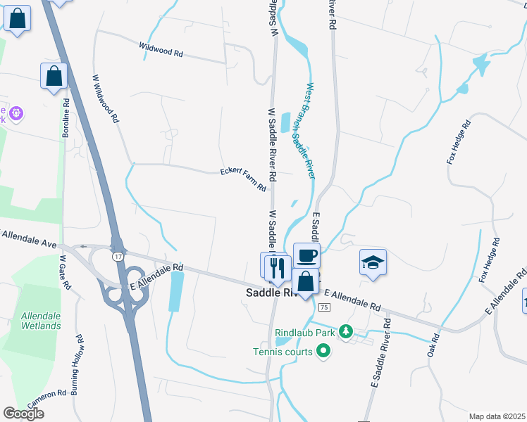 map of restaurants, bars, coffee shops, grocery stores, and more near 171 West Saddle River Road in Saddle River