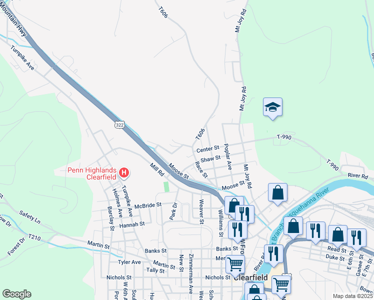map of restaurants, bars, coffee shops, grocery stores, and more near 406 Race Street in Clearfield