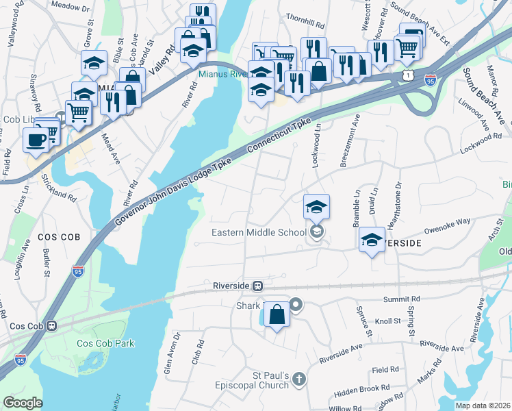 map of restaurants, bars, coffee shops, grocery stores, and more near 83 Riverside Avenue in Greenwich