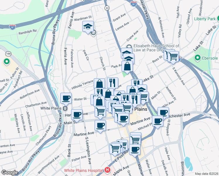 map of restaurants, bars, coffee shops, grocery stores, and more near 27 Barker Avenue in White Plains