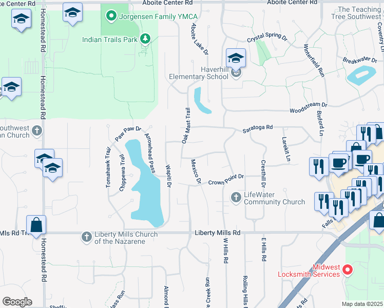 map of restaurants, bars, coffee shops, grocery stores, and more near 9910 Berkshire Lane in Fort Wayne