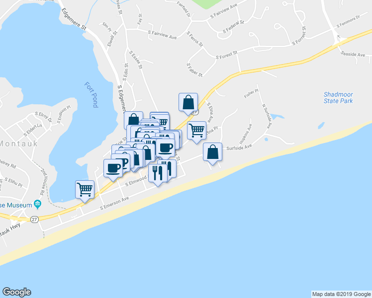 map of restaurants, bars, coffee shops, grocery stores, and more near 54 South Etna Avenue in Montauk