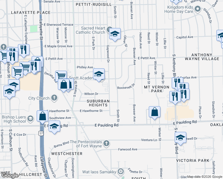 map of restaurants, bars, coffee shops, grocery stores, and more near 5315 Gaywood Dr in Fort Wayne