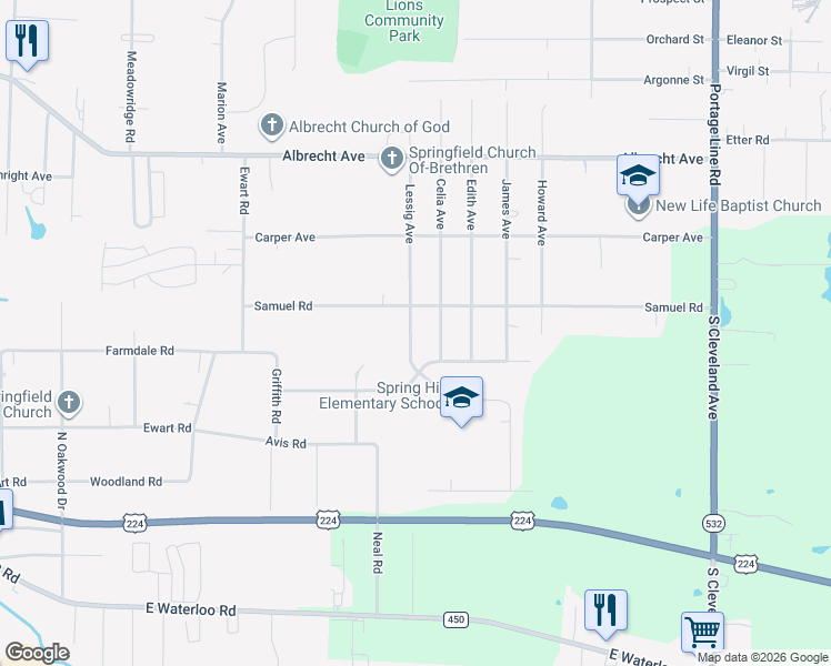 map of restaurants, bars, coffee shops, grocery stores, and more near 567 Lessig Avenue in Akron