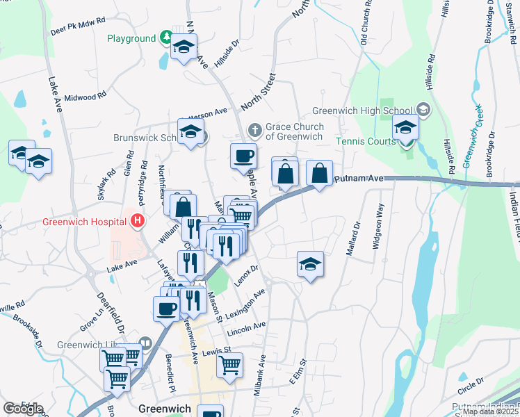 map of restaurants, bars, coffee shops, grocery stores, and more near 149 East Putnam Avenue in Greenwich