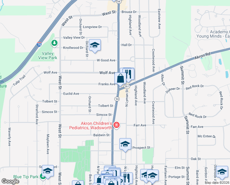 map of restaurants, bars, coffee shops, grocery stores, and more near 468 High Street in Wadsworth