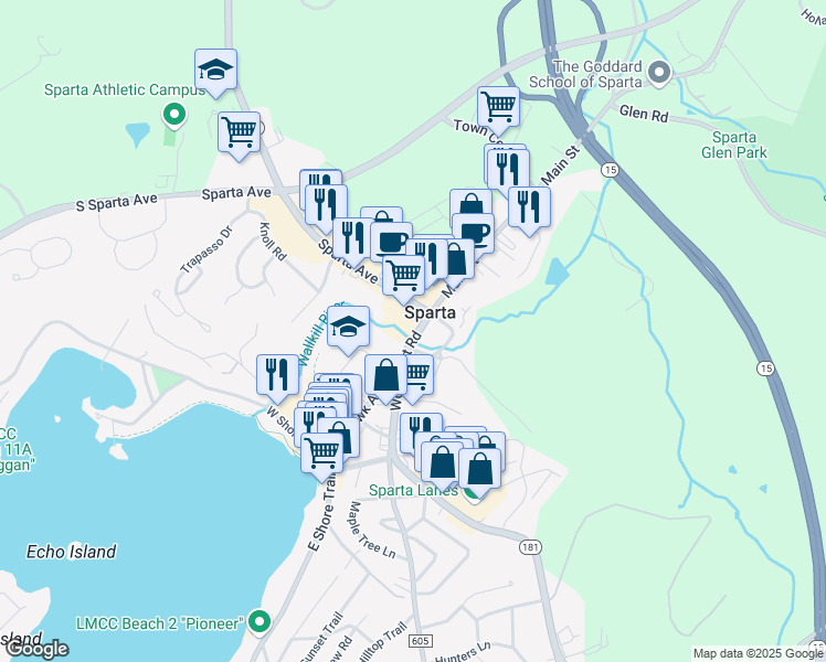 map of restaurants, bars, coffee shops, grocery stores, and more near 12 Woodport Road in Sparta Township