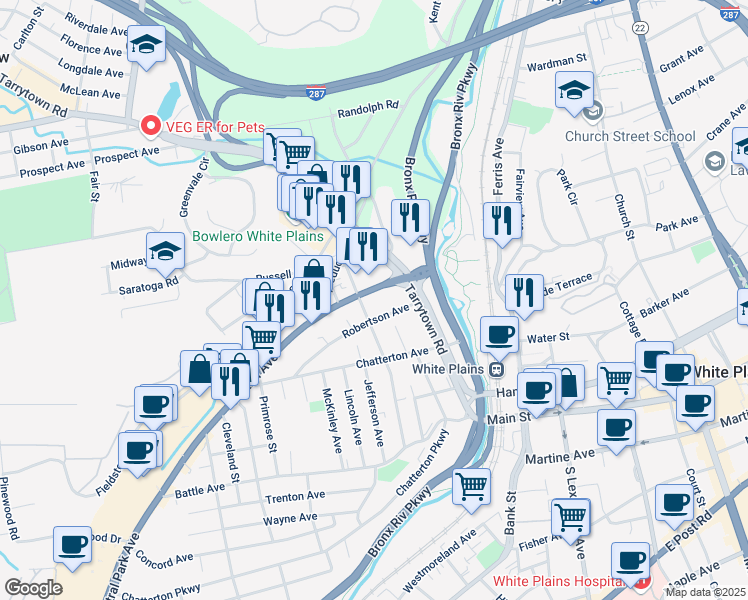 map of restaurants, bars, coffee shops, grocery stores, and more near 225 Central Avenue in White Plains