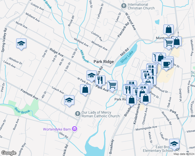 map of restaurants, bars, coffee shops, grocery stores, and more near 121A Pascack Road in Park Ridge