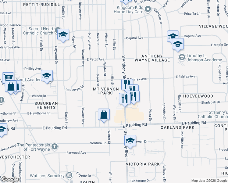 map of restaurants, bars, coffee shops, grocery stores, and more near 5305 Lillie Street in Fort Wayne