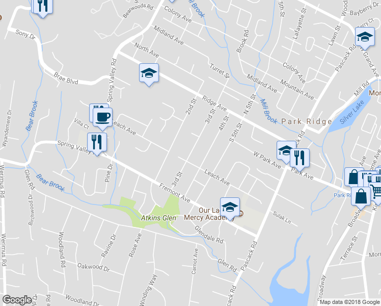 map of restaurants, bars, coffee shops, grocery stores, and more near 51 3rd Street in Park Ridge