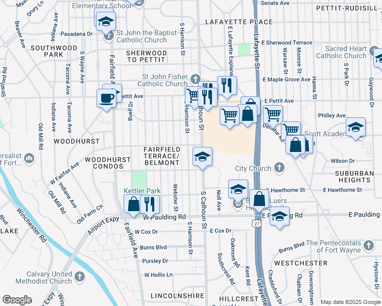 map of restaurants, bars, coffee shops, grocery stores, and more near 5217 South Harrison Street in Fort Wayne